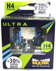 Лампа галогенная H4 12V 60/55W P43t МАЯК Ultra +30% Super White 82420SW30 (2 шт.)